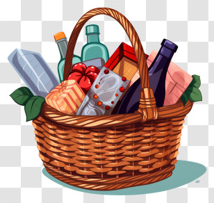 Wicker Basket - Decorated Gift Basket With Bottles And Food Items Transparent PNG