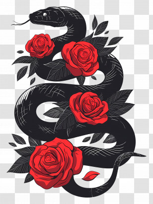 Sleeve Tattoo - Black Snake With Red Roses Illustration Transparent PNG
