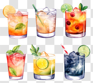 Watercolor Illustrations - Vibrant Cocktail Glasses With Colorful Garnishes Transparent PNG