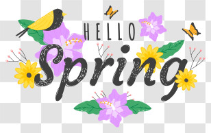 Flowers - Hello Spring Illustration With Flowers And Birds Transparent PNG
