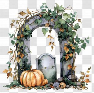 Halloween Headstone - Halloween-Themed Gravestone With Pumpkin And Ivy Transparent PNG