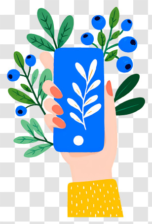 Hand Holding Smartphone - Blue Phone With Leaf Design Transparent PNG