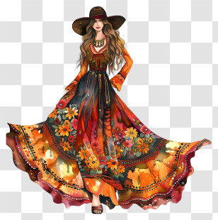 Boho - Stylish Floral Dress With Hat Transparent PNG