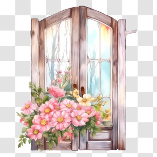 Wooden Door - Cartoon Window Frame With Floral Decorations Transparent PNG