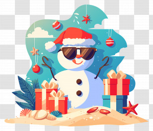 Beach Christmas Snowman - Beach-Themed Snowman With Santa Hat And Gifts Transparent PNG