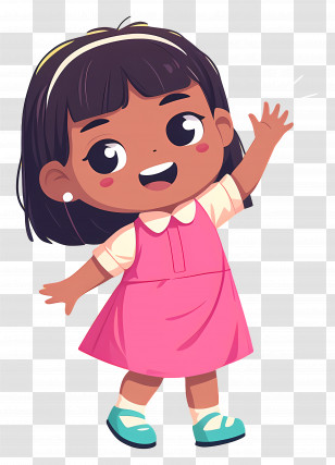 Cartoon Little Girl - Happy Girl Waving In Pink Dress Transparent PNG