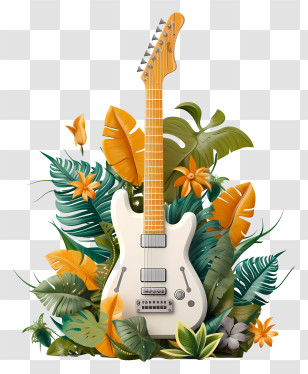 Electric Guitar - Electric Guitar Surrounded By Tropical Leaves Transparent PNG