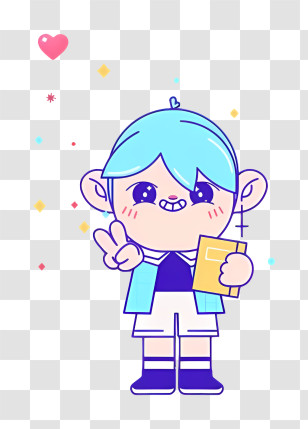 Cartoon Character - Cute Boy With Book And Peace Sign Transparent PNG