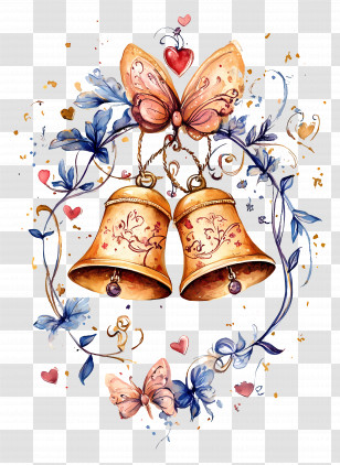 Wedding Bells - Decorative Bells With Butterfly And Floral Design Transparent PNG