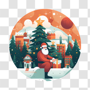 Merry Christmas - Santa Claus With Gifts In Winter Town Transparent PNG