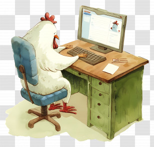 Chicken Working On Computer - Cartoon Chicken Typing At Computer Transparent PNG