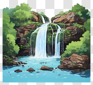Watercolor Waterfall - Cartoon Waterfall With Rocks And Trees Transparent PNG