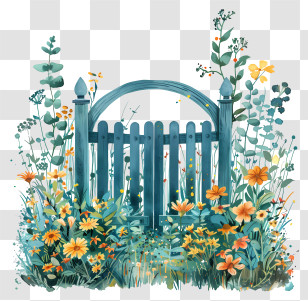 Spring Garden Gate - Blue Garden Gate Surrounded By Flowers Transparent PNG