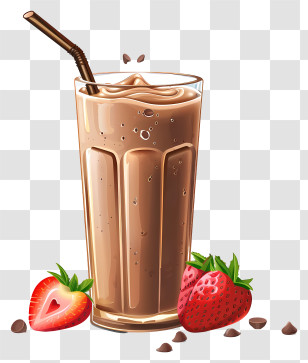 Vegan Protein Shake - Chocolate Milkshake Garnished With Fresh Strawberries Transparent PNG