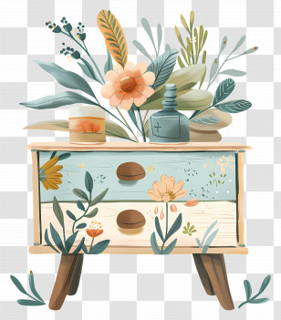 Bedside Table - Vintage Decorative Drawer With Floral Design Transparent PNG