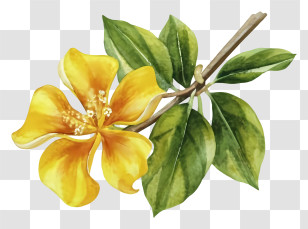 Cartoon - Yellow Flower Branch With Green Leaves Transparent PNG