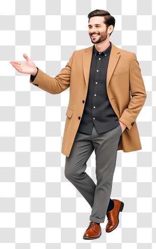 Businessman With Offering Gesture - Stylish Man In Camel Coat Gesturing Transparent PNG