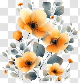 Gold Flowers - Orange Poppy Flowers Botanical Art Transparent PNG