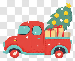 Truck Hauling Christmas Tree - Red Pickup Truck Carrying Christmas Tree And Gifts Transparent PNG