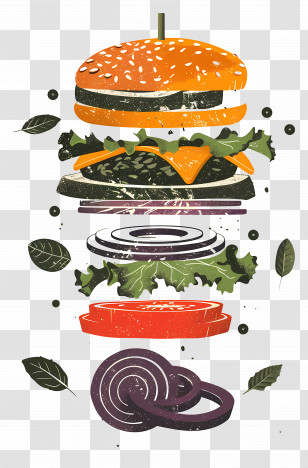 Floating Burger - Layered Burger Ingredients Illustration Transparent PNG