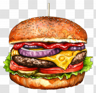 Burger - Delicious Stacked Cheeseburger With Toppings Transparent PNG