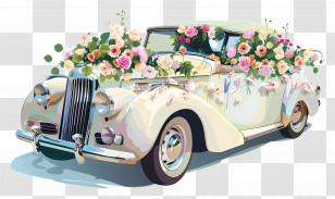Wedding Car - Vintage Wedding Car Decorated With Flowers Transparent PNG