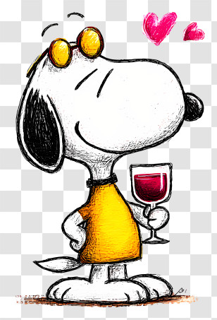 Snoopy Enjoying Moment - Cartoon Dog With Wine And Hearts Transparent PNG