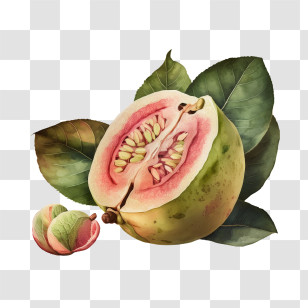 Watercolor Guava - Juicy Green Guava Cut With Leaves Transparent PNG