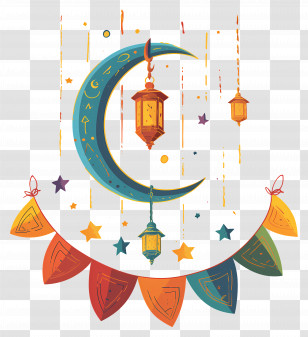 Eid Mubarak - Crescent Moon And Lanterns Decoration For Eid Transparent PNG