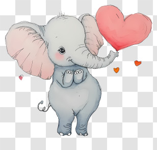 Watercolor Valentine Elephant - Cartoon Elephant Holding Heart Balloon Transparent PNG