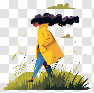 Windy Day - Woman Walking In A Yellow Coat On A Windy Day Transparent PNG