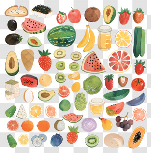 Food - Assorted Fruits In Artistic Watercolor Style Transparent PNG