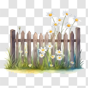 Wooden Garden Fence - Wooden Fence With Daisies In Garden Transparent PNG