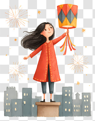 Woman Hanging Paper Lantern - Girl Holding Lantern On Rooftop Transparent PNG