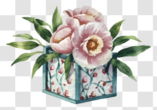 Watercolor Painting - Pink Flowers In A Decorative Box Transparent PNG