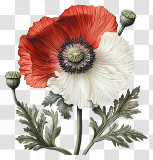 Flower Vintage - Red And White Poppy Flower Illustration Transparent PNG