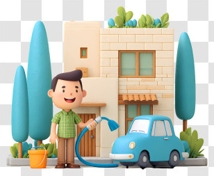 Cartoon Man Washing Car - 3D Cute Car Wash At Home Transparent PNG