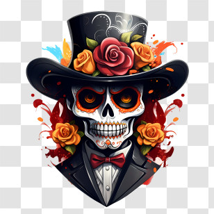 Dia De Los Muertos - Festive Skull With Top Hat And Roses Transparent PNG