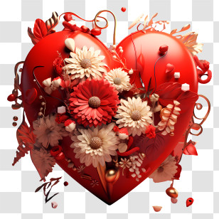 Red Heart With Flowers - Red Floral Heart Decoration For Romantic Themes Transparent PNG