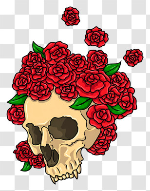 Halloween Skull Flowers - Skull With Red Roses Illustration Transparent PNG