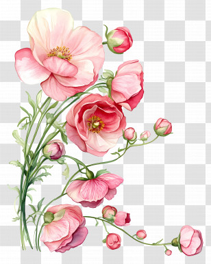 Ranunculus Art - Beautiful Pink Floral Illustration Transparent PNG