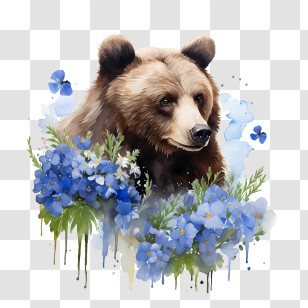 Grizzly Bear - Bear With Blue Flowers Transparent PNG