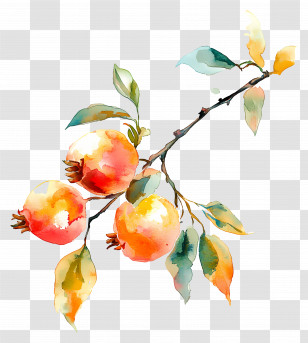 Pomegranate Watercolor - Watercolor Pomegranate Branch Transparent PNG