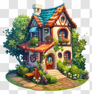 House Garden Cartoon - Cute Cottage With Beautiful Garden Transparent PNG