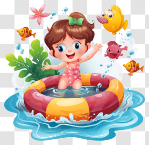 Pool Opening Day - Girl In Pool With Float And Fish Transparent PNG