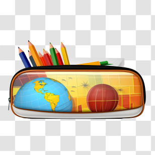 Pencil Case - Pencil Case With Globe And Colored Pencils Transparent PNG