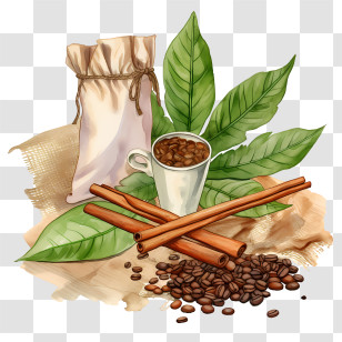 Coffee Beans Bag - Coffee Beans, Leaves, And Cup In Rustic Style Transparent PNG