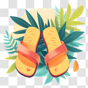 Leather Sandals - Orange And Yellow Sandals On Tropical Leaves Transparent PNG