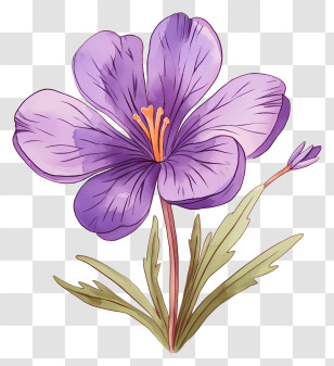 Purple Flower - Delicate Purple Flower With Green Leaves Transparent PNG