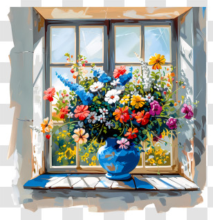 Spring Window Flowers - Colorful Flower Vase By The Window Transparent PNG